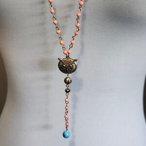 Owl Lariat‎ Necklace Coral Bead Boho Long Pendant Jewelry